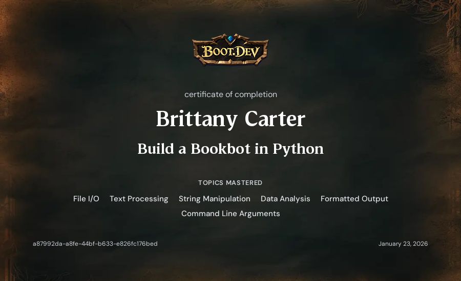 Brittany Carter's Boot.dev Build a BookBot in Python certificate