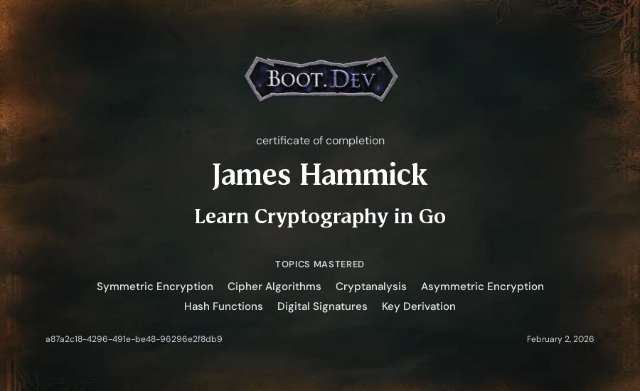 James Hammick's Boot.dev Learn Cryptography in Go certificate