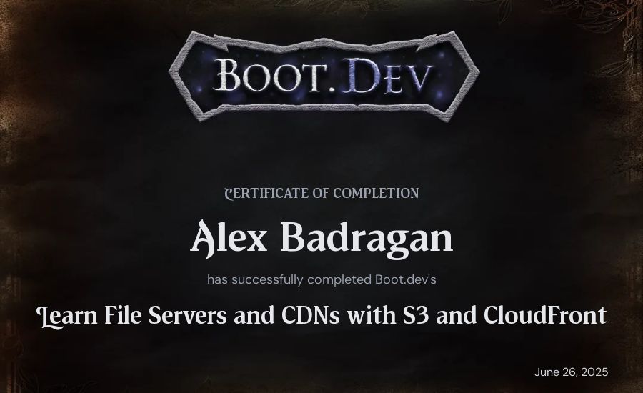 Alex Badragan's Boot.dev Learn File Servers and CDNs with S3 and CloudFront certificate