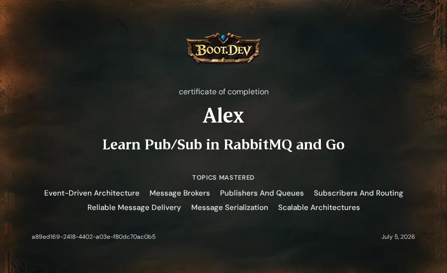 Alex's Boot.dev Learn Pub/Sub in RabbitMQ and Go certificate