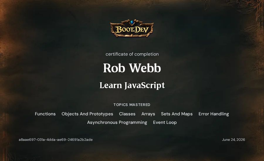 Rob Webb's Boot.dev Learn JavaScript certificate