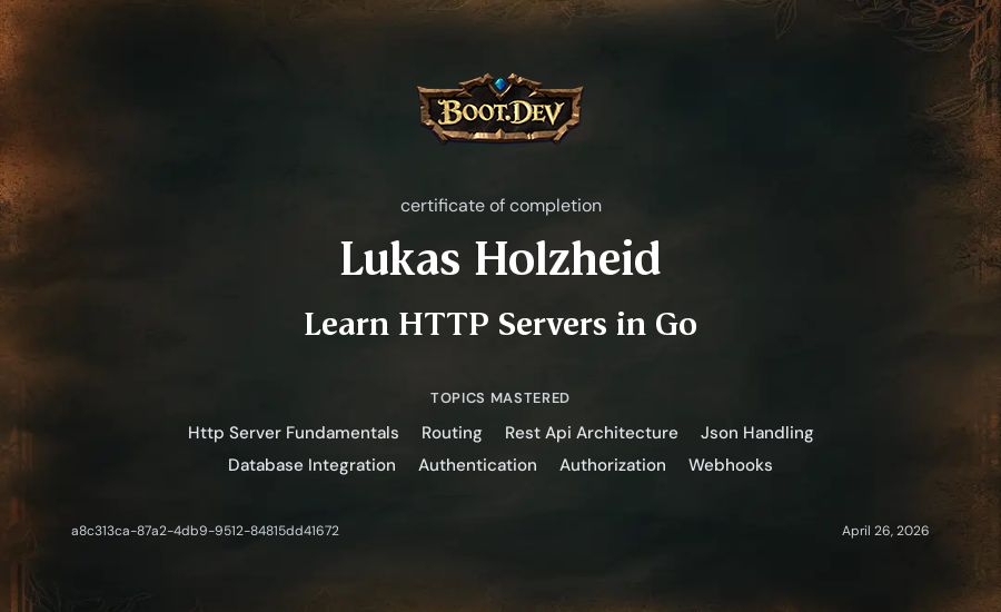 Lukas Holzheid's Boot.dev Learn HTTP Servers in Go certificate