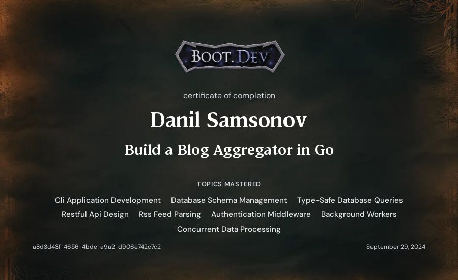 Danil Samsonov's Boot.dev Build a Blog Aggregator in Go certificate