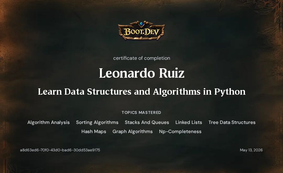 Leonardo Ruiz's Boot.dev Learn Data Structures and Algorithms in Python certificate