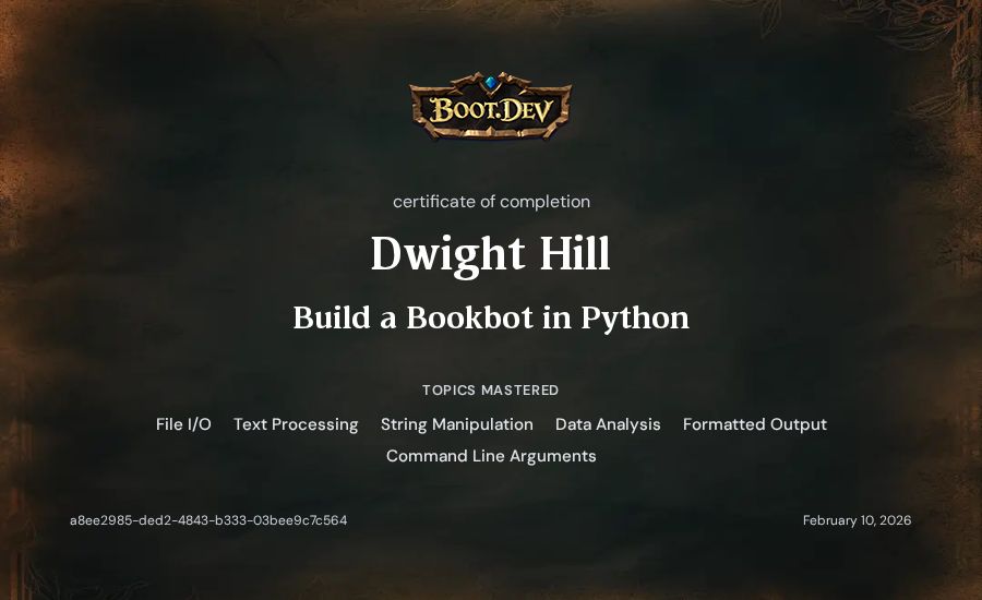 Dwight Hill's Boot.dev Build a BookBot in Python certificate