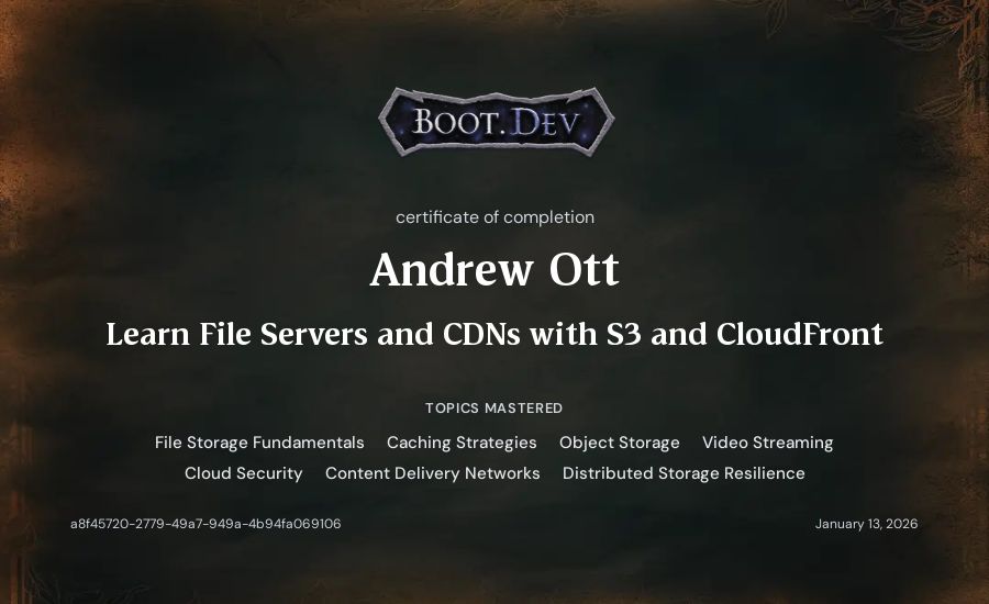 Andrew Ott's Boot.dev Learn File Servers and CDNs with S3 and CloudFront certificate