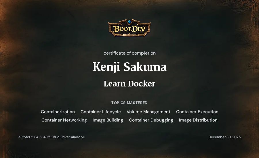 Kenji Sakuma's Boot.dev Learn Docker certificate