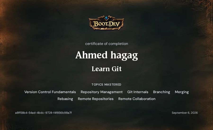 Ahmed hagag's Boot.dev Learn Git certificate