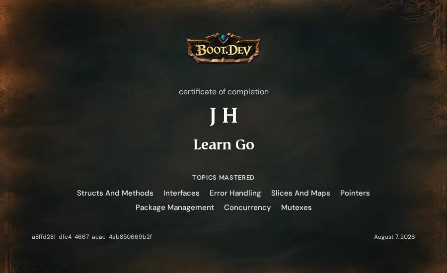 J H's Boot.dev Learn Go certificate