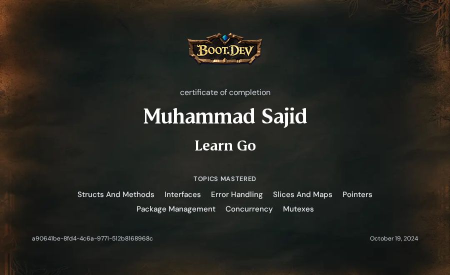 Muhammad Sajid's Boot.dev Learn Go certificate