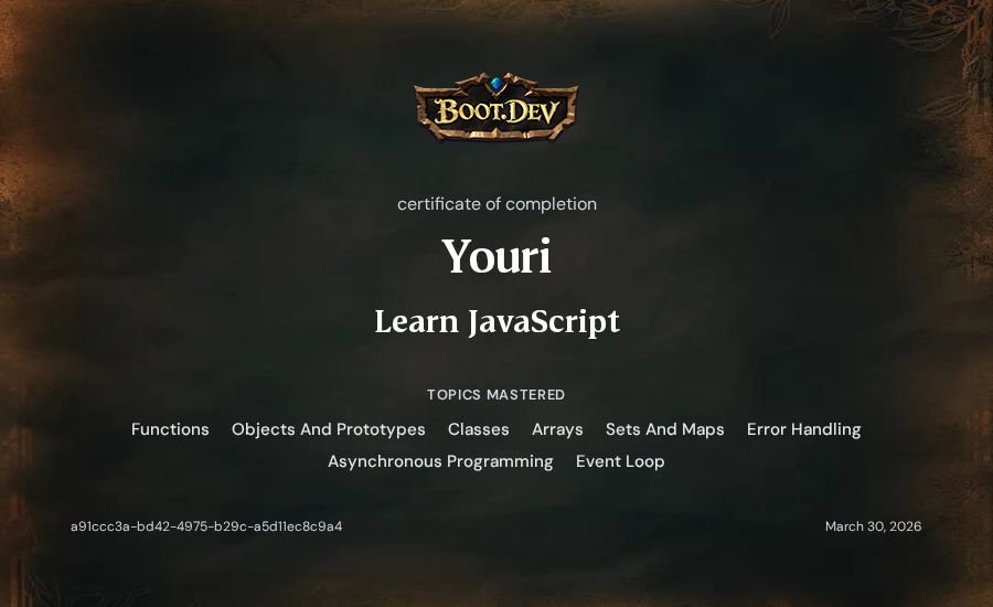Youri's Boot.dev Learn JavaScript certificate