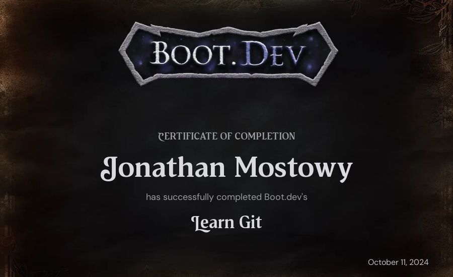 Jonathan Mostowy's Boot.dev Learn Git certificate