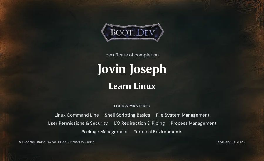 Jovin Joseph's Boot.dev Learn Linux certificate