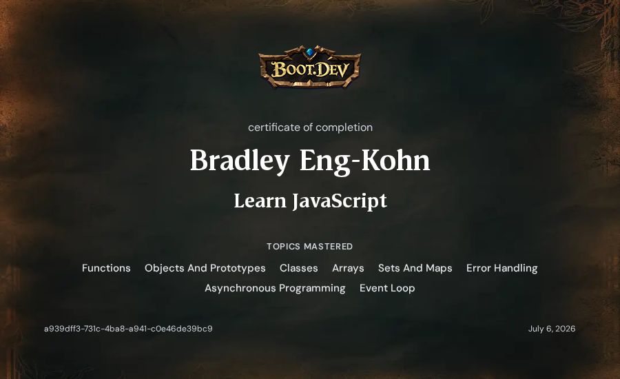 Bradley Eng-Kohn's Boot.dev Learn JavaScript certificate