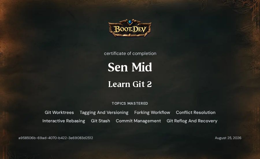 Sen Mid's Boot.dev Learn Git 2 certificate