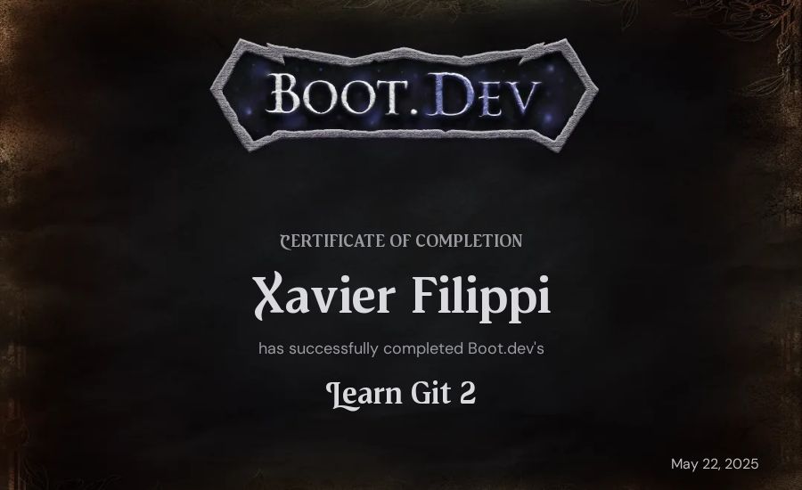 Xavier Filippi's Boot.dev Learn Git 2 certificate