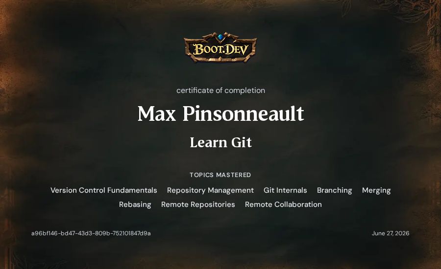 Max Pinsonneault's Boot.dev Learn Git certificate