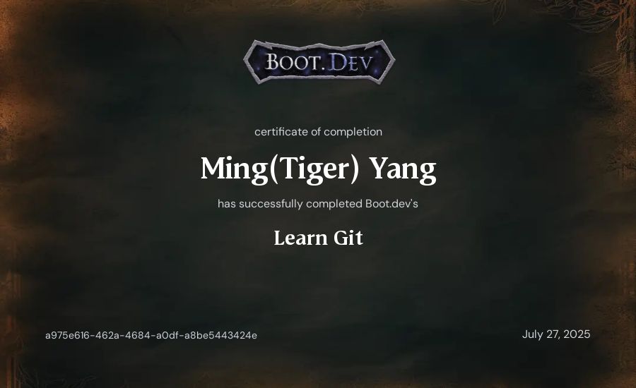 Ming(Tiger) Yang's Boot.dev Learn Git certificate