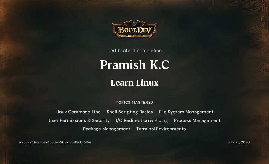 Pramish K.C's Boot.dev Learn Linux certificate