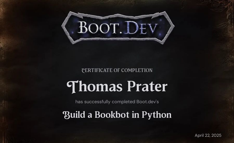 Thomas Prater's Boot.dev Build a BookBot in Python certificate