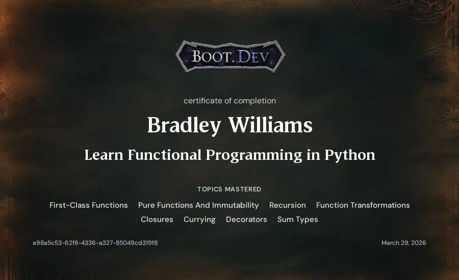 Bradley Williams's Boot.dev Learn Functional Programming in Python certificate