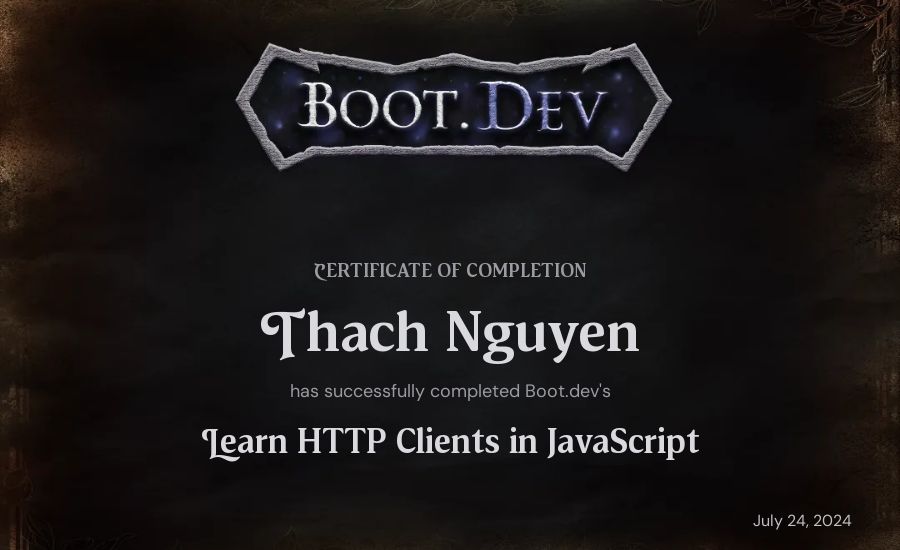 Thach Nguyen's Boot.dev Learn HTTP Clients in TypeScript certificate