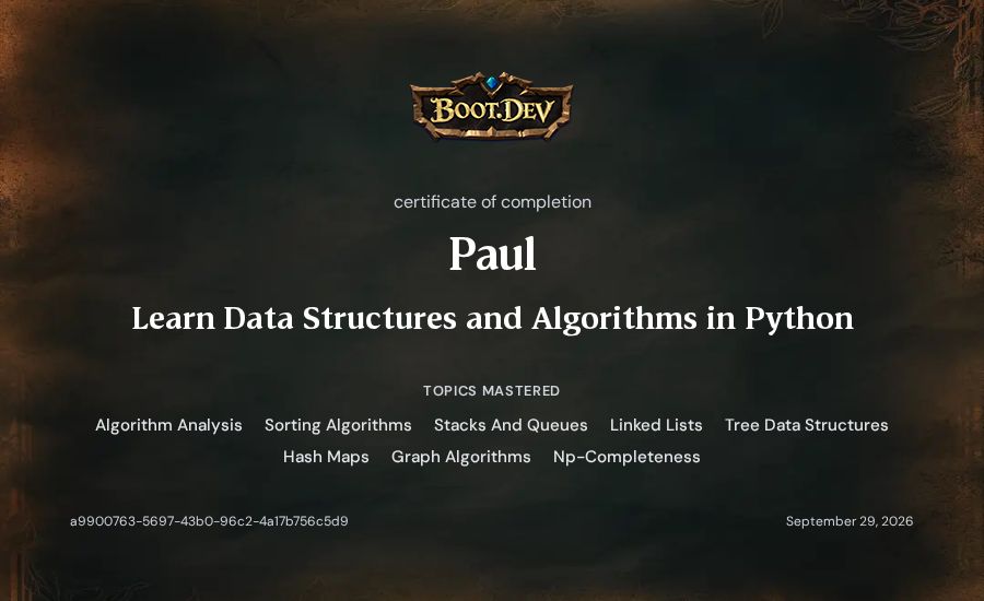 Paul's Boot.dev Learn Data Structures and Algorithms in Python certificate
