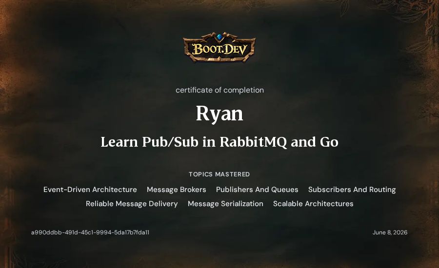 Ryan's Boot.dev Learn Pub/Sub in RabbitMQ and Go certificate