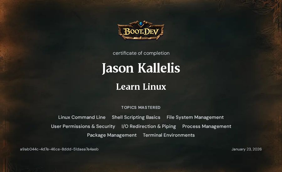 Jason Kallelis's Boot.dev Learn Linux certificate