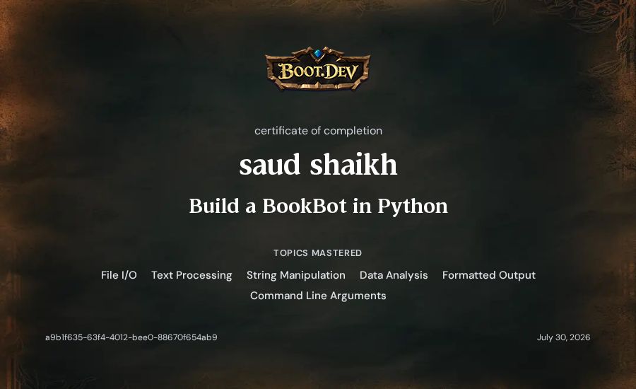 saud shaikh's Boot.dev Build a BookBot in Python certificate
