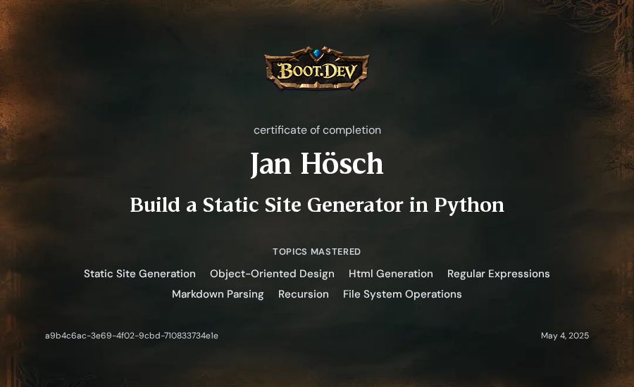 Jan Hösch's Boot.dev Build a Static Site Generator in Python certificate