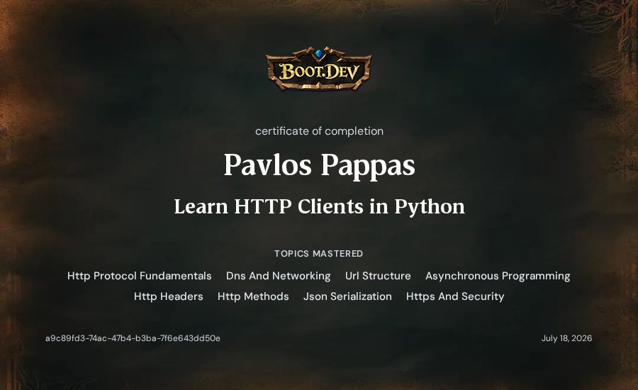 Pavlos Pappas's Boot.dev Learn HTTP Clients in Python certificate