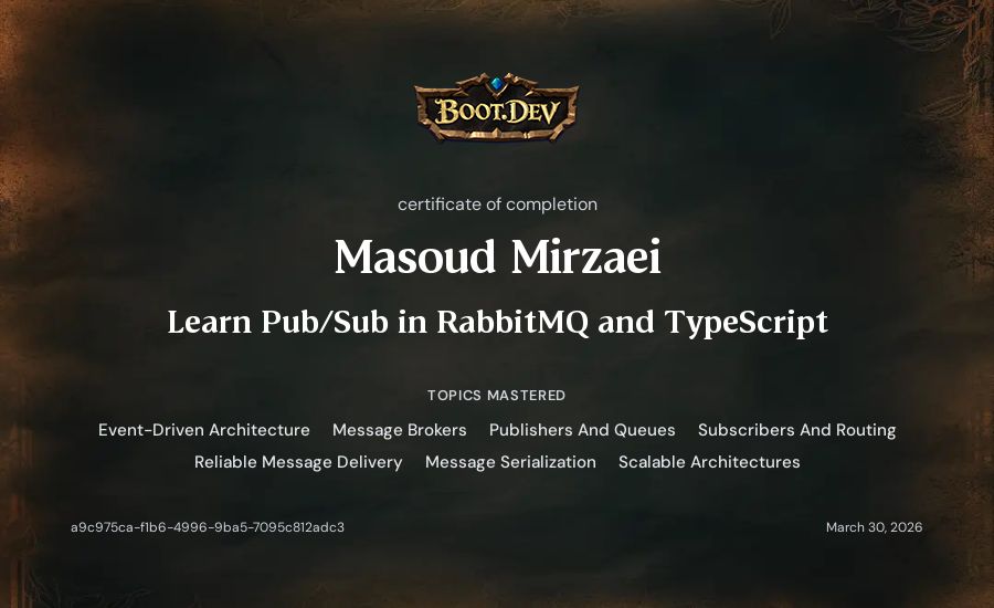 Masoud Mirzaei's Boot.dev Learn Pub/Sub in RabbitMQ and TypeScript certificate