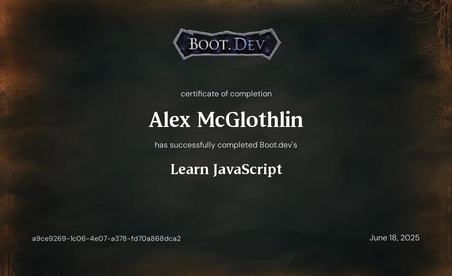 Alex McGlothlin's Boot.dev Learn JavaScript certificate