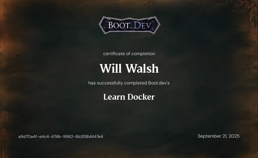 Will Walsh's Boot.dev Learn Docker certificate