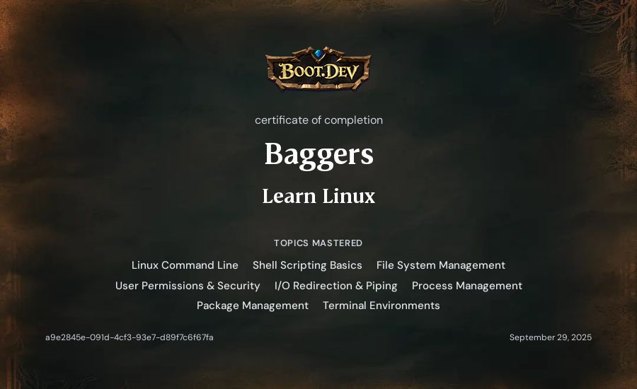 Baggers's Boot.dev Learn Linux certificate