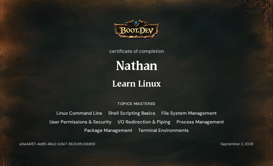 Nathan's Boot.dev Learn Linux certificate