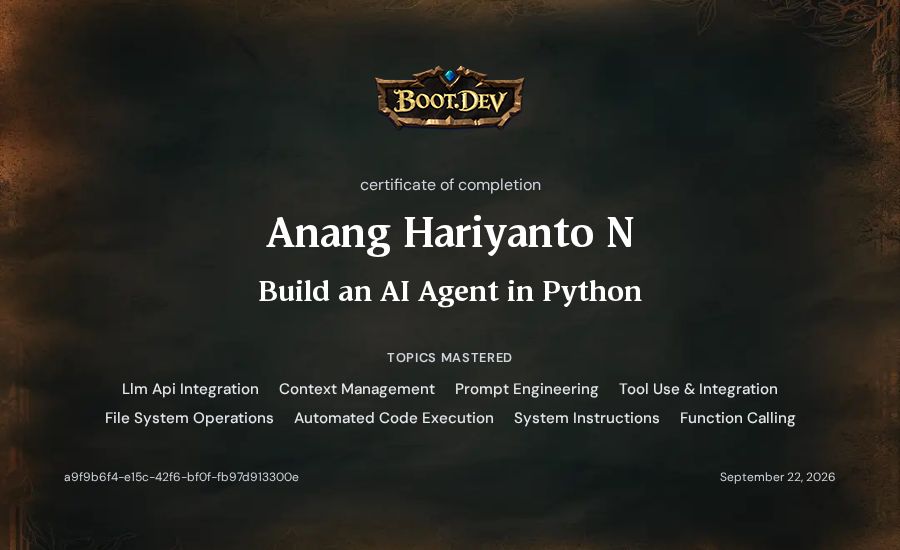 Anang Hariyanto N's Boot.dev Build an AI Agent in Python certificate
