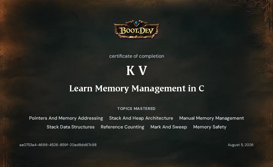 K V's Boot.dev Learn Memory Management in C certificate