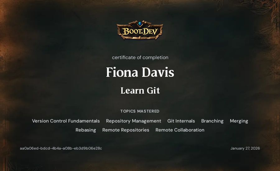 Fiona Davis's Boot.dev Learn Git certificate