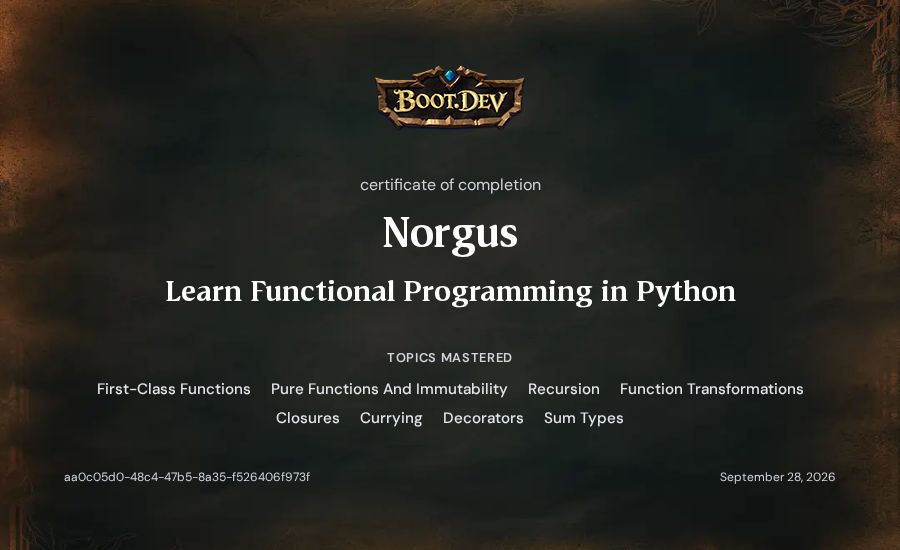 Norgus's Boot.dev Learn Functional Programming in Python certificate