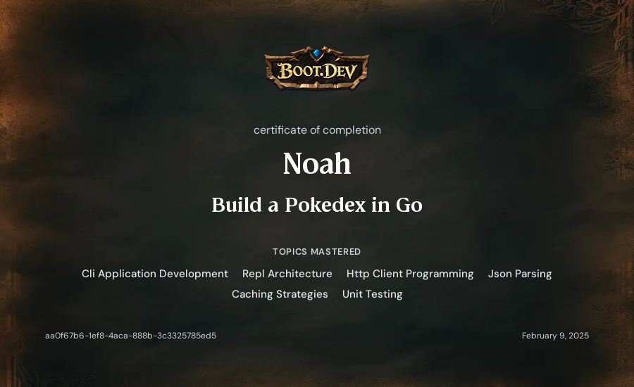 Noah's Boot.dev Build a Pokedex in Go certificate