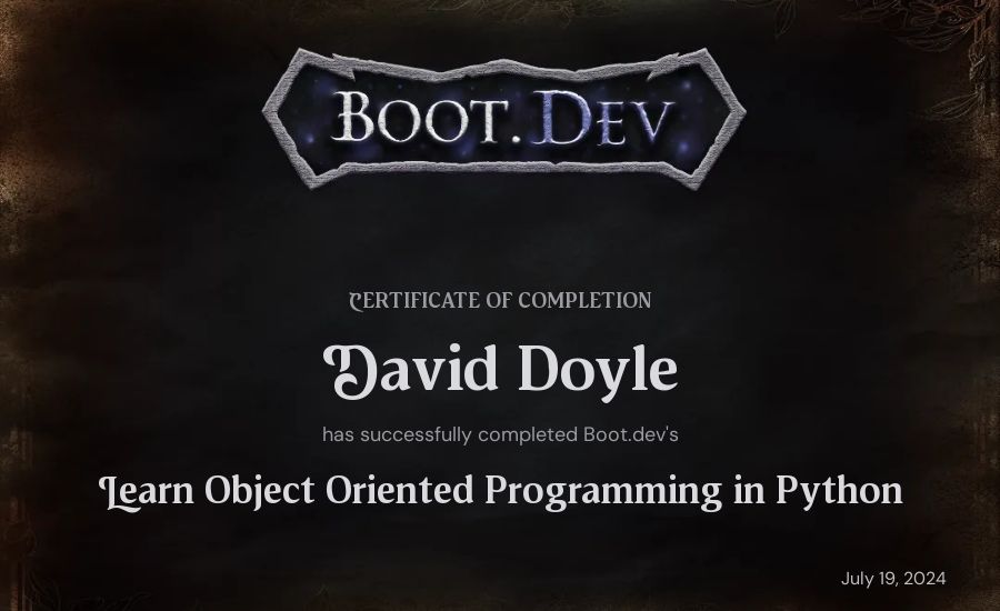 David Doyle's Boot.dev Learn Object Oriented Programming in Python certificate