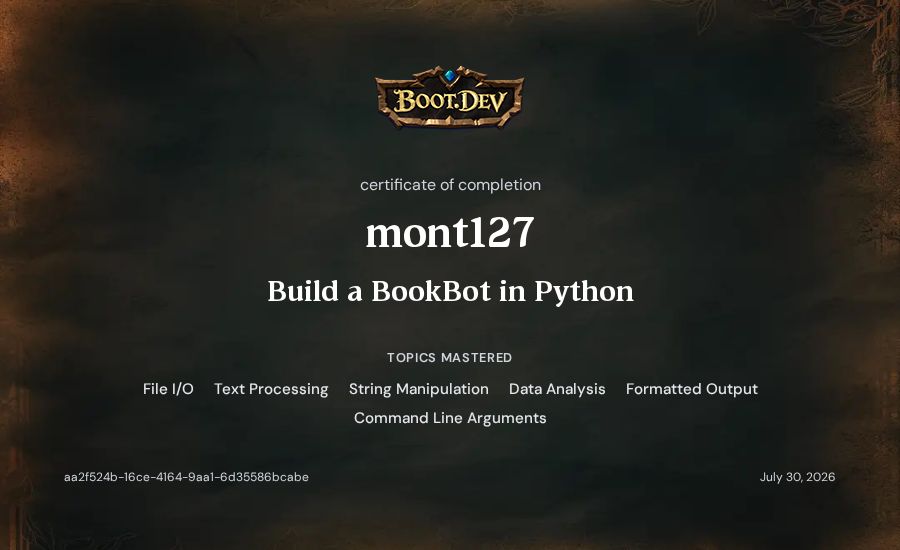mont127's Boot.dev Build a BookBot in Python certificate