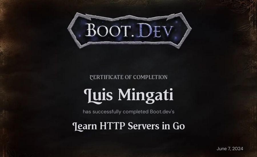 Luis Mingati's Boot.dev Learn HTTP Servers in Go certificate