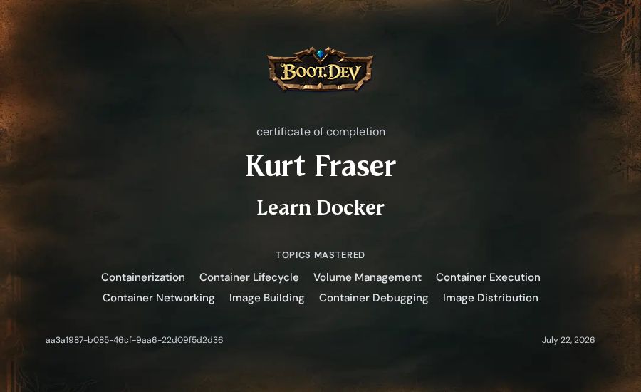 Kurt Fraser's Boot.dev Learn Docker certificate