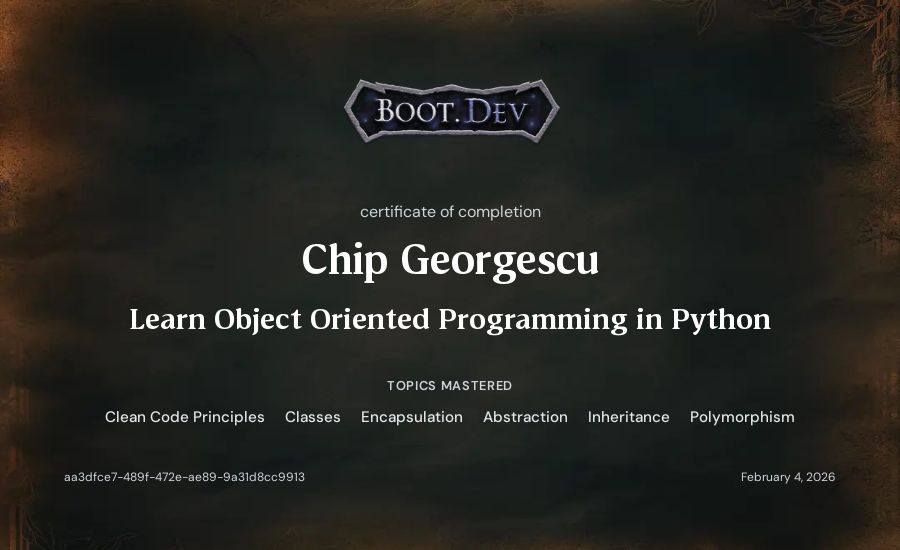 Chip Georgescu's Boot.dev Learn Object Oriented Programming in Python certificate