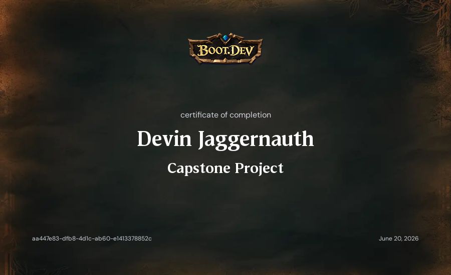 Devin Jaggernauth's Boot.dev Capstone Project certificate