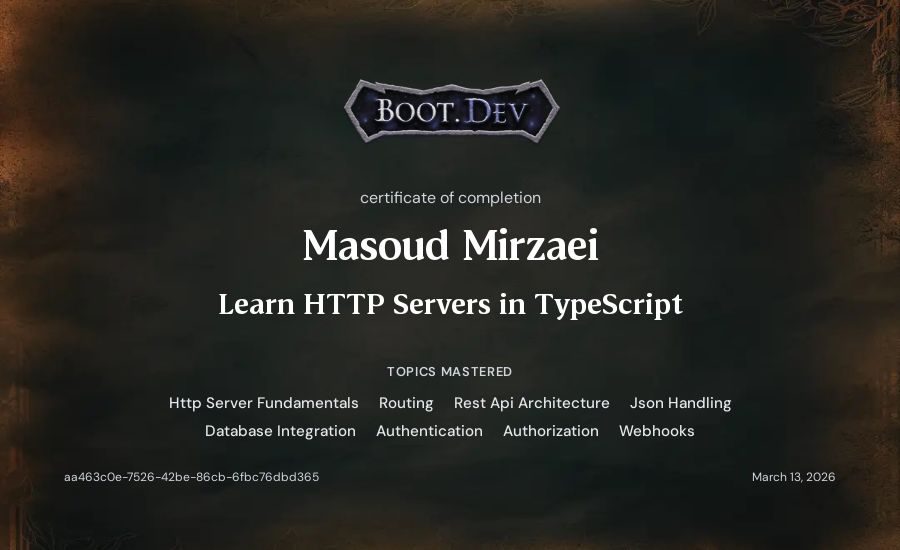 Masoud Mirzaei's Boot.dev Learn HTTP Servers in TypeScript certificate