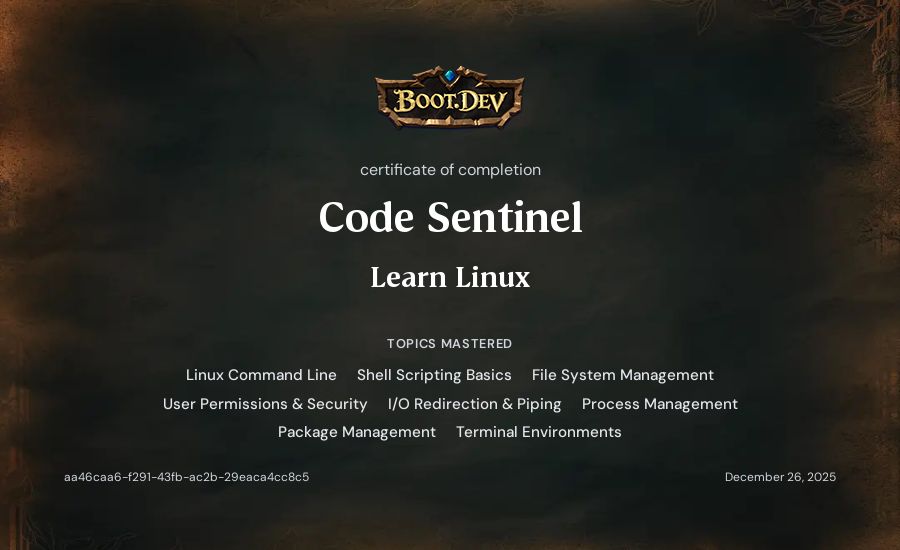 Code Sentinel's Boot.dev Learn Linux certificate